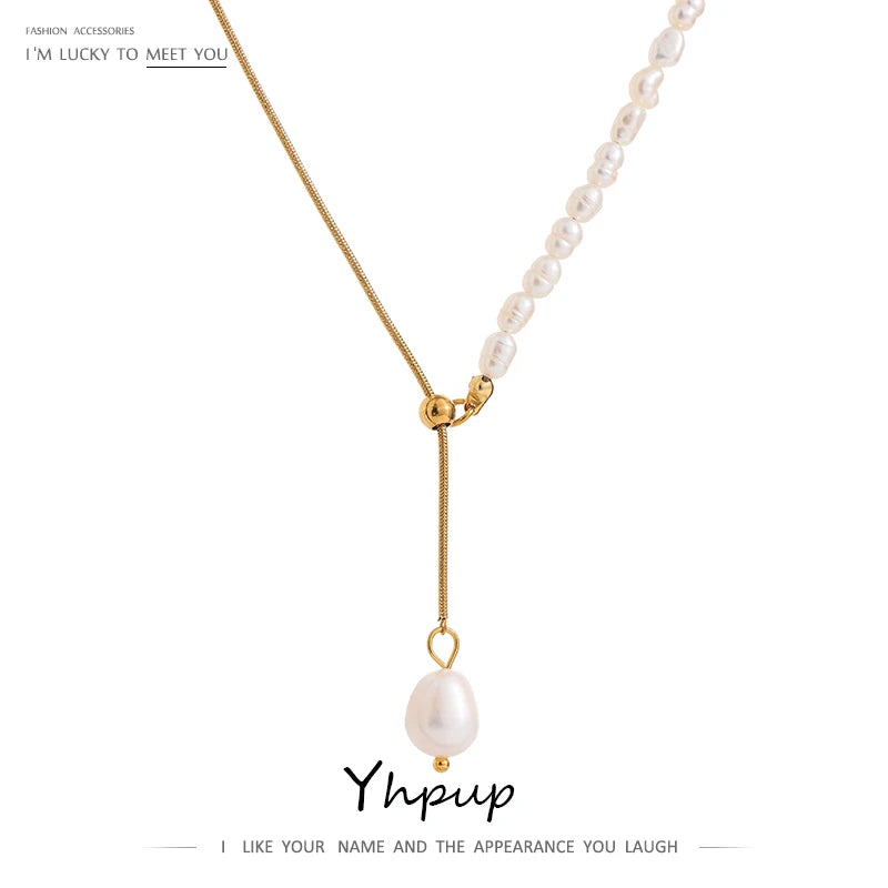 Stainless Steel Accessories Natural Pearl Chain Necklace Metalic 18 K
