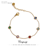Colorful Cubic Zirconia Stainless Steel Bracelets Thin Chain Golden thumbnail 1