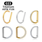 Titanium Piercing Nose Ring D Shape Hinged Segment CZ Clicke 1