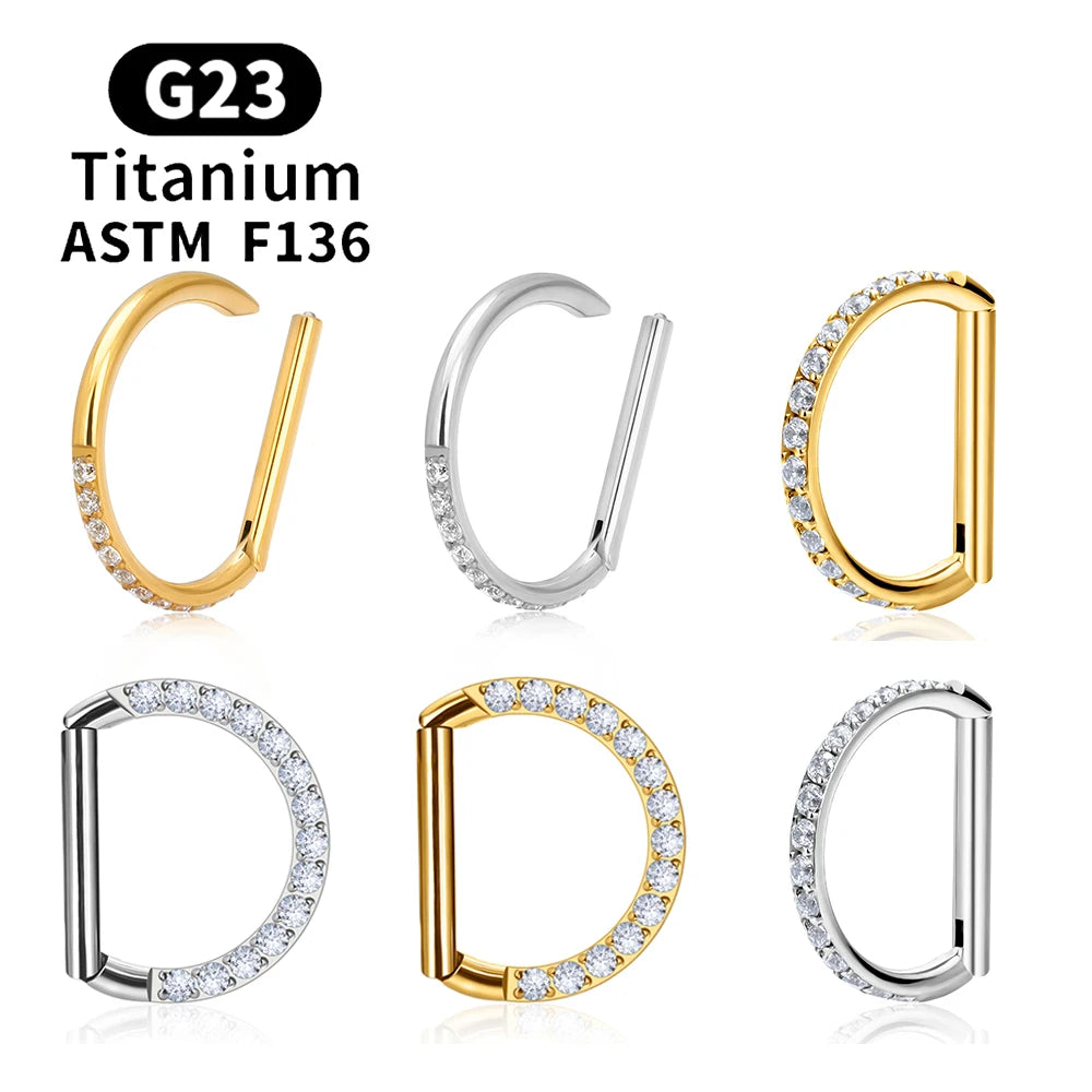 Titanium Piercing Nose Ring D Shape Hinged Segment CZ Clicke