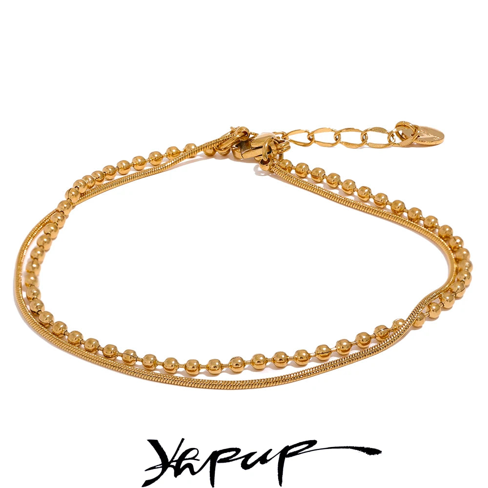 Stainless Steel Flat & Bead Chains Double Layer Bangle Charm Summer