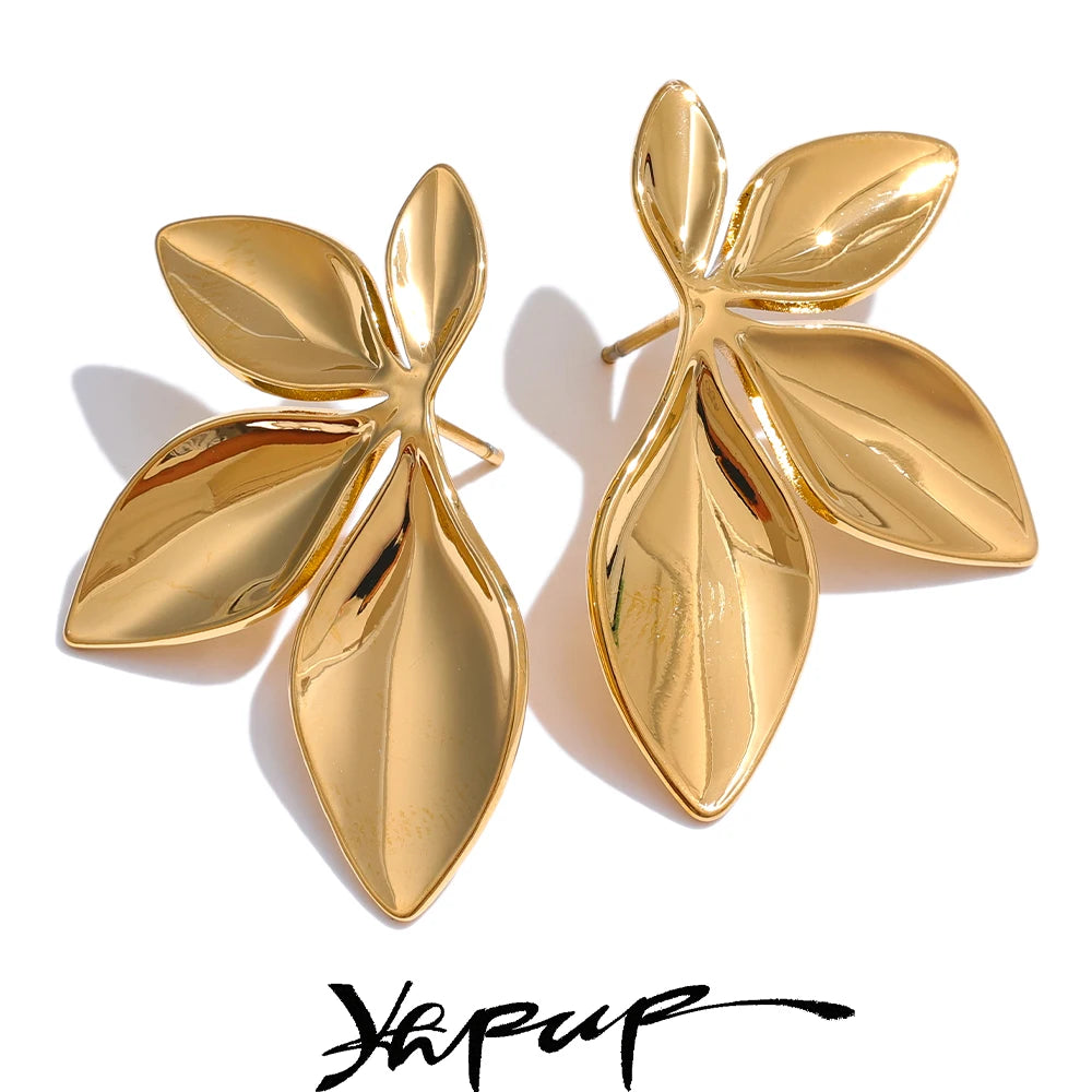 Fashion Stainless Steel Leaves Flower Stud Earrings Bright Anti