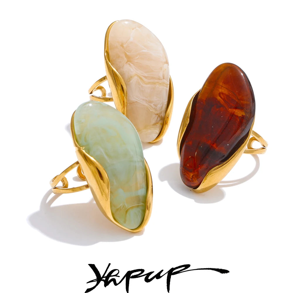 Brown Green Beige Resin Geometric Adjustable Ring Golden