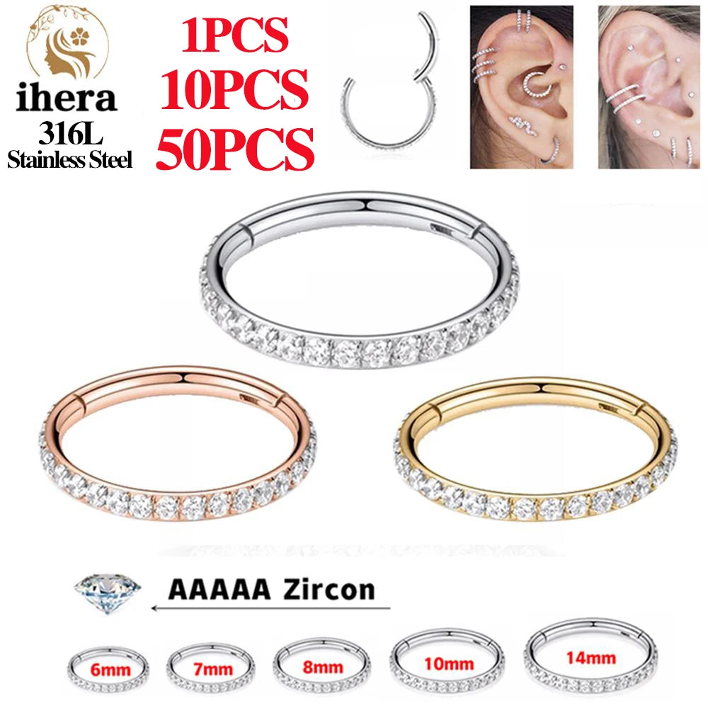 Stainless Steel Zircon Hinged Segment Nose Septum Clicker Ring Round