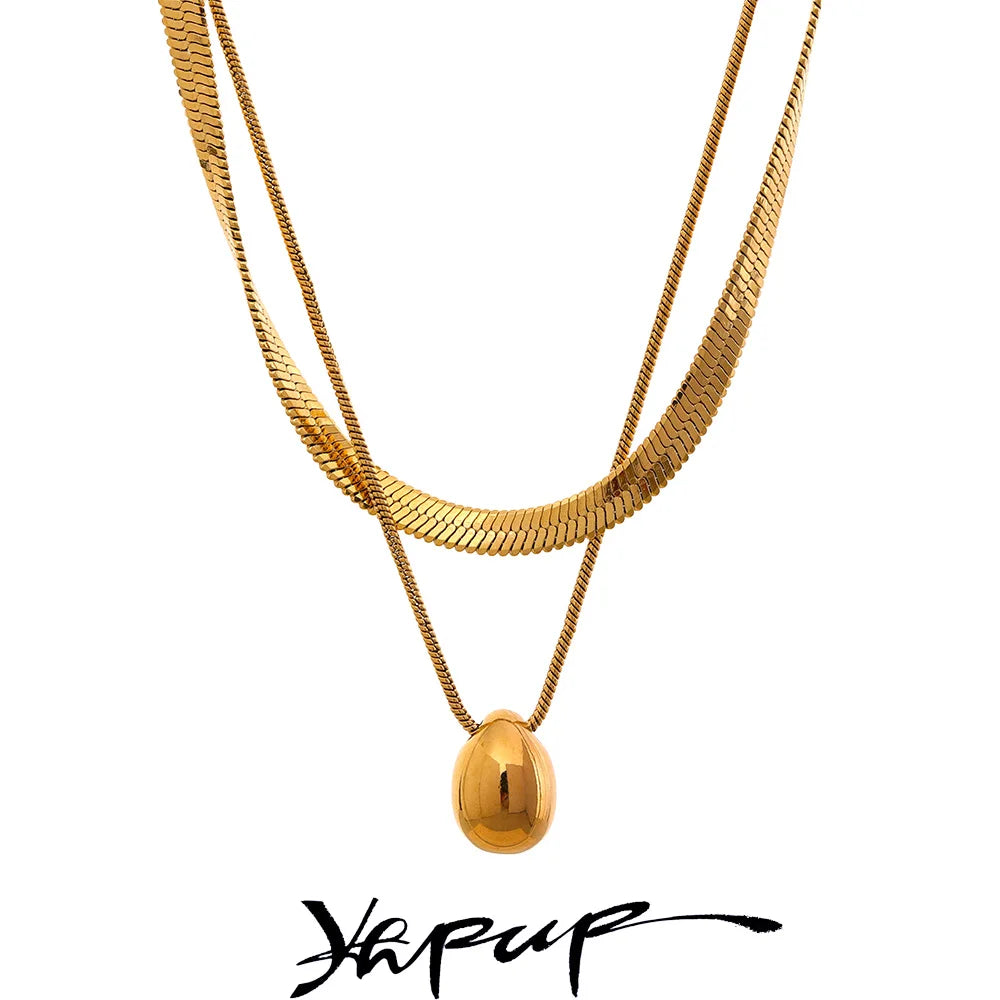 Snake Chain Double Layer Stainless Steel Water Drop Pendant Necklace