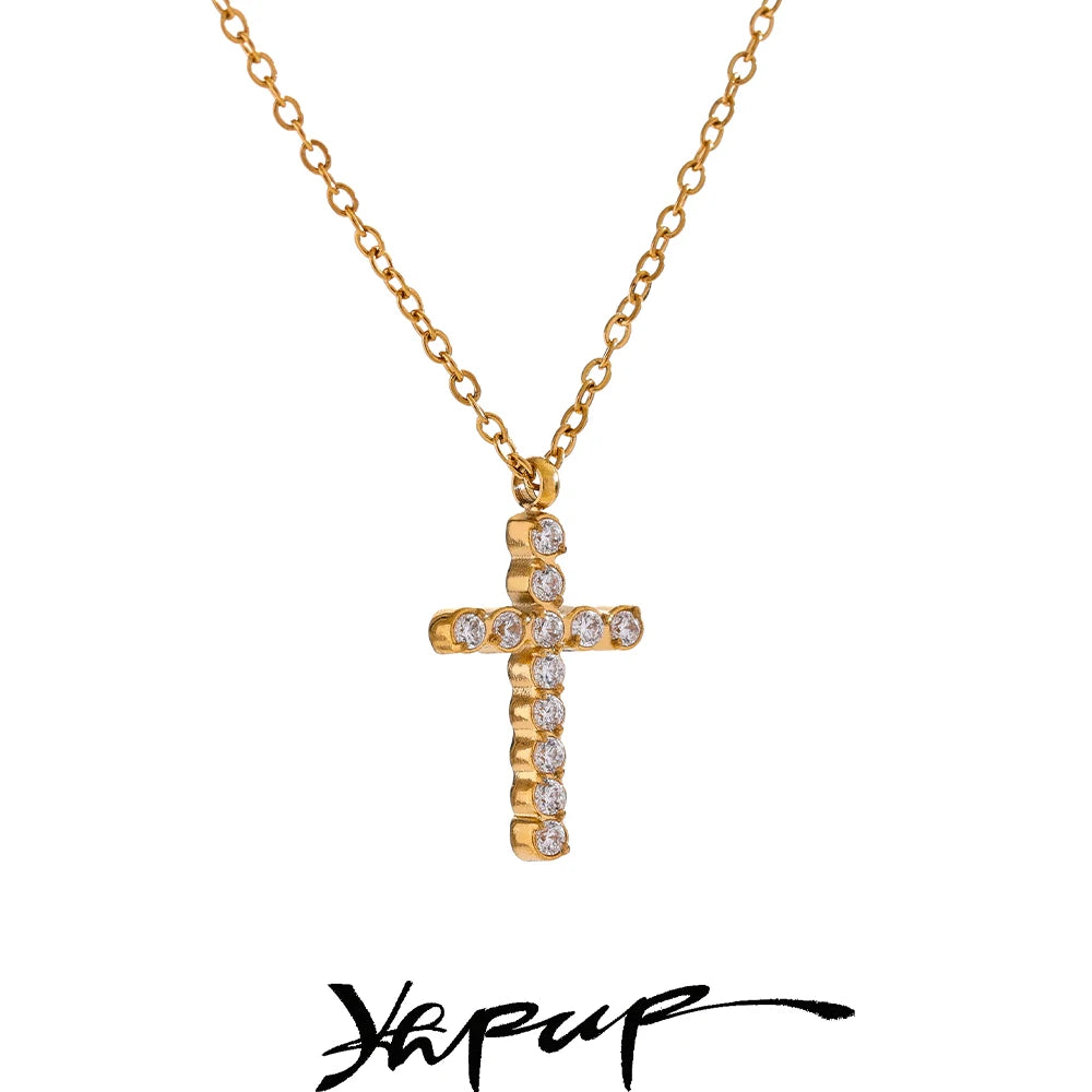 Shiny Cubic Zirconia 316L Cross Pendant Necklace Stainless Steel High