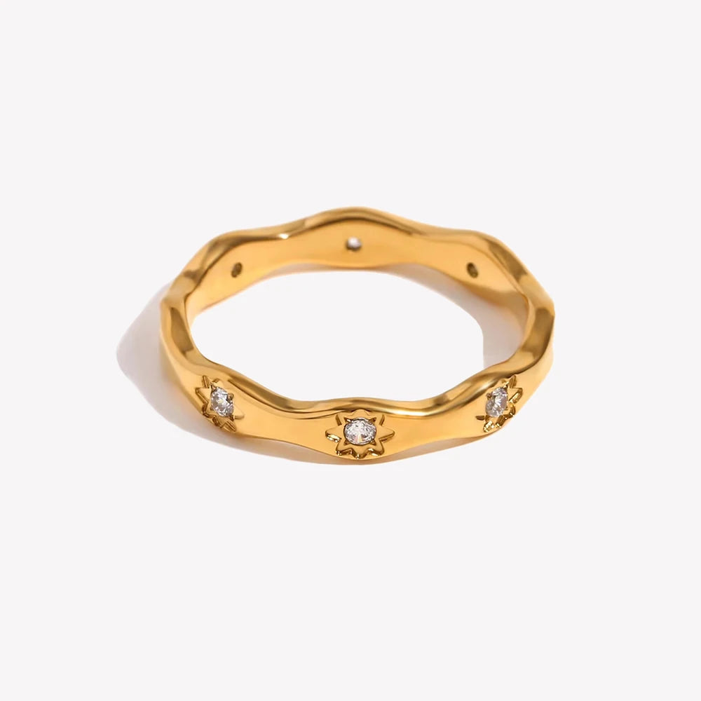 Rhinestone Eight Awn Star Wave Shape Ring Stainless Steel 18k Gold