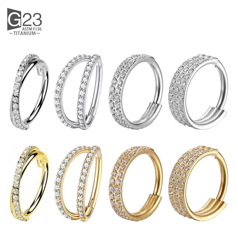 Titanium Piercing Double Layered Triple Stack Hinged Zircon Nose Ring