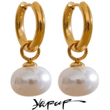 High Quality Imitation Pearls Drop Stainless Steel Golden Hoop 1