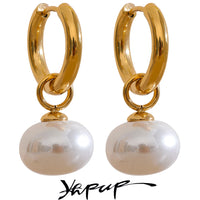 High Quality Imitation Pearls Drop Stainless Steel Golden Hoop thumbnail 1