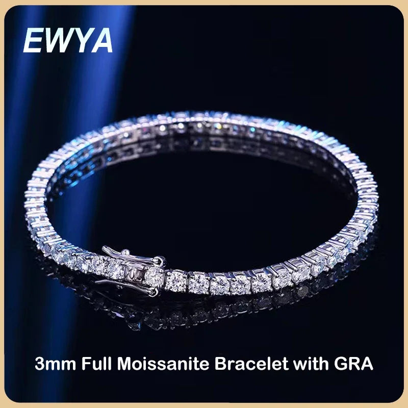 EWYA 925 Sterling Silver Moissanite Bracelet 0.1ct 3mm D VVS1 Diamond