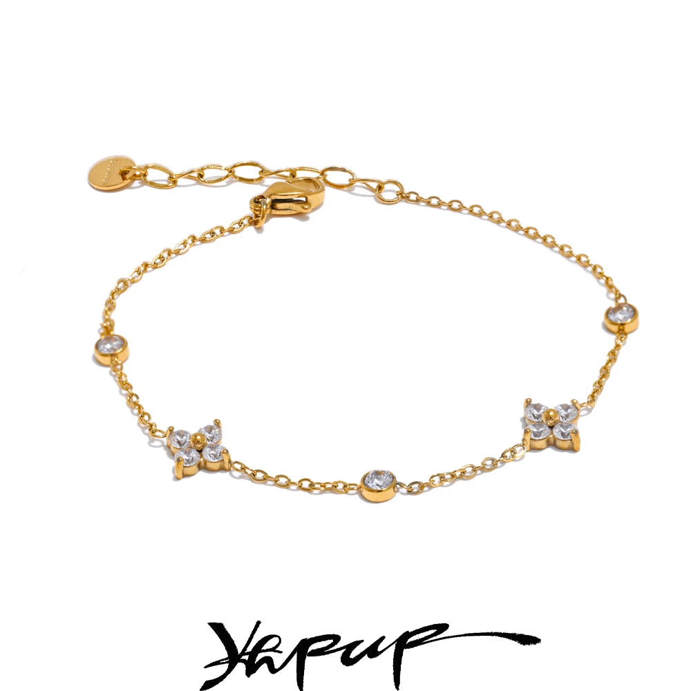 Cubic Zirconia Flower Chain Thin Bracelet Bangle Stainless Steel Rust