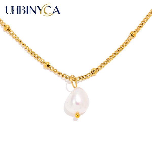 Classic Minimalist Style Natural Pearl Pendant Necklace, Stainless
