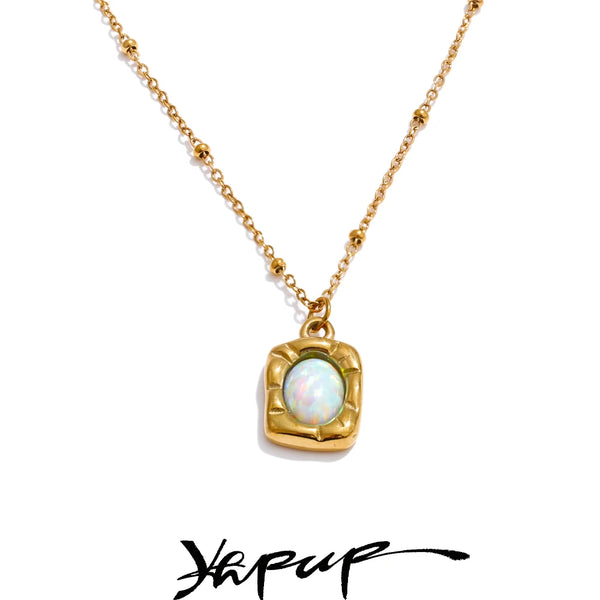 Imitation Australian Opal Stone Rectangle Pendant Necklace 316L